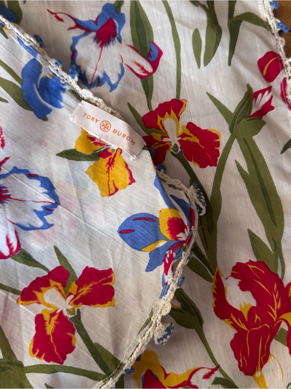 Tory Burch scarf square cotton floral fringe detail white red yellow spring - Picture 3 of 5
